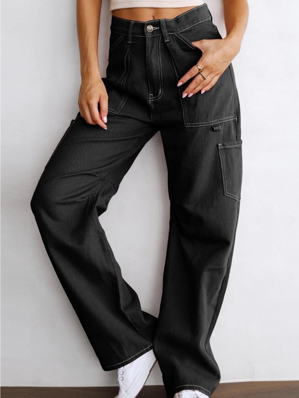 NWT DOKOTOO Sz 14 Carpenter Utility Cargo Jeans High Waist White Stitch Stretch - Picture 2 of 15